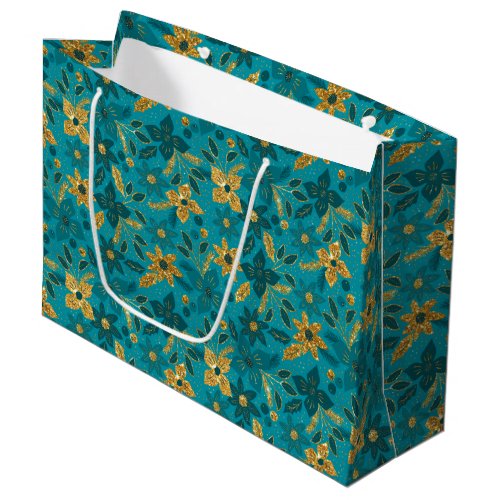 Gold and Teal Blue Christmas Poinsettia Flowers Large Gift Bag
