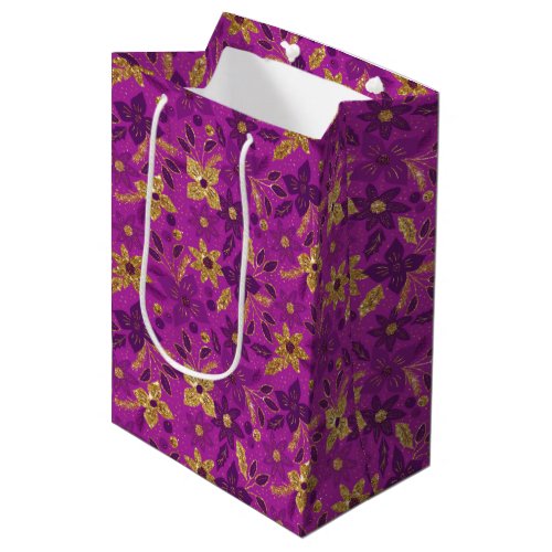 Gold and Teal Blue Christmas Poinsettia Flowers Medium Gift Bag