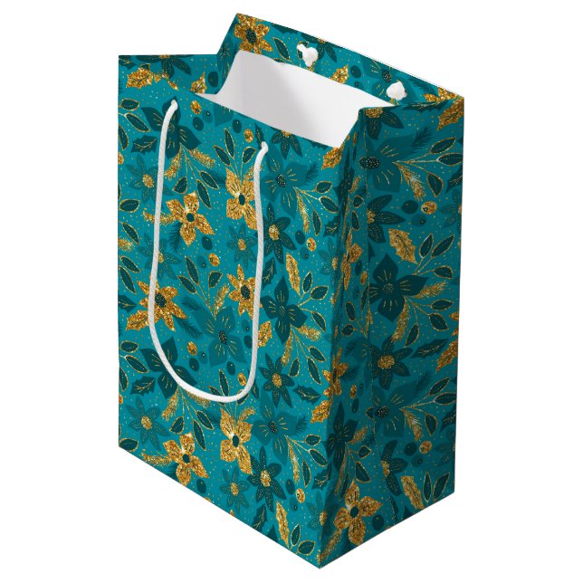 Gold and Teal Blue Christmas Poinsettia Flowers Medium Gift Bag (Front Angled)