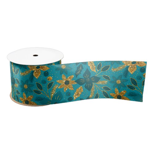 Gold and Teal Blue Christmas Poinsettia Flowers Satin Ribbon