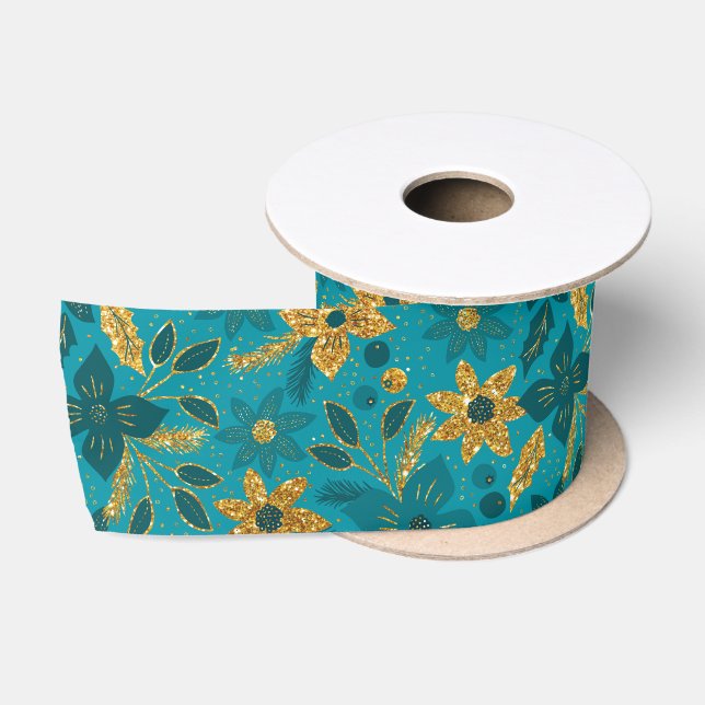 Gold and Teal Blue Christmas Poinsettia Flowers Satin Ribbon (Spool)