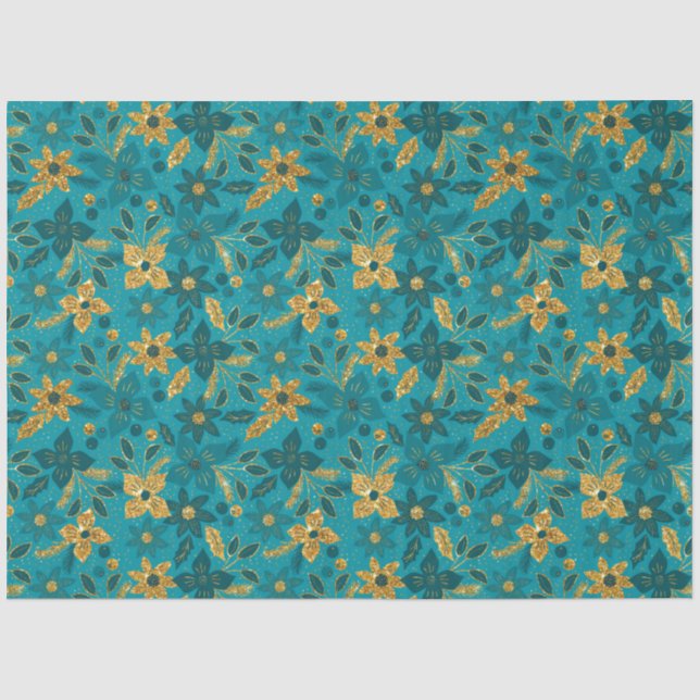 Gold and Teal Blue Christmas Poinsettia Flowers Tissue Paper (Front)