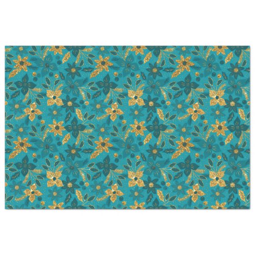 Gold and Teal Blue Christmas Poinsettia Flowers Tissue Paper
