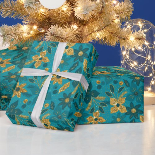 Gold and Teal Blue Christmas Poinsettia Flowers Wrapping Paper