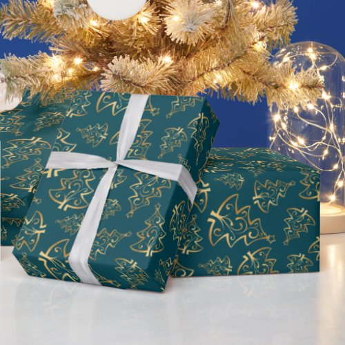 Gold and Teal Blue Christmas Trees Wrapping Paper