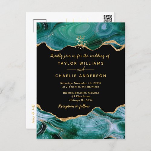 Gold and Teal Blue Faux Glitter Agate Wedding Postcard