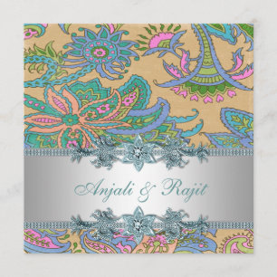 Gold and Teal Blue Paisley Wedding Invitation