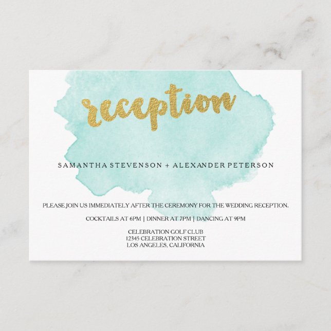 Gold and Teal Blush Watercolor Wedding Reception Enclosure Card (Front)