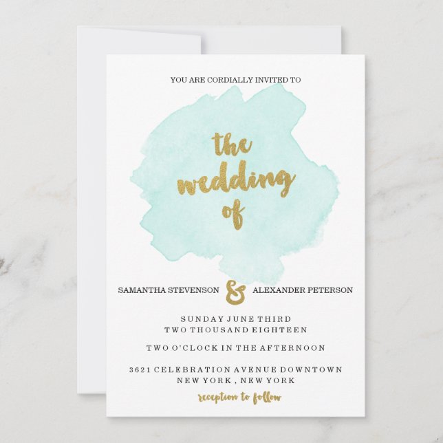 Gold and Teal Blush Wedding Invitation (Front)