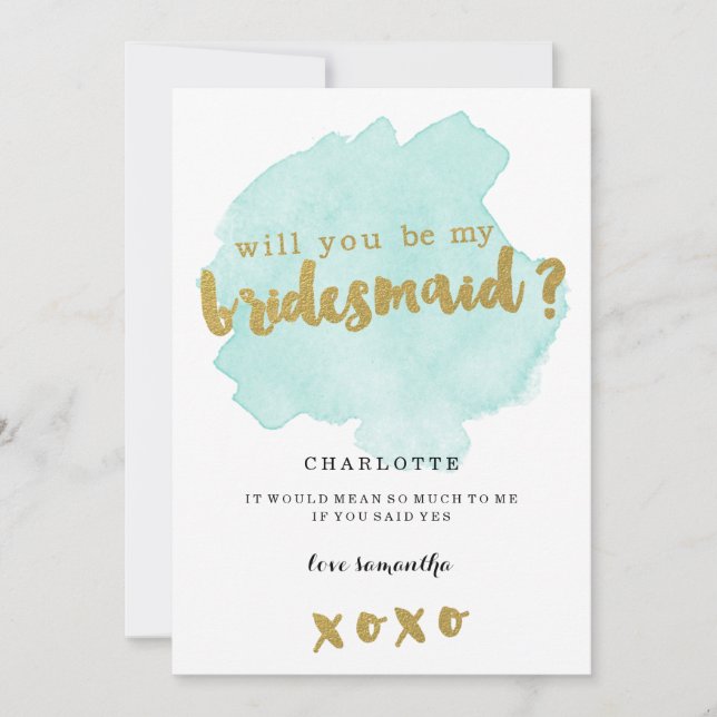 Gold and Teal Blush Will You Be My Bridesmaid? Invitation (Front)