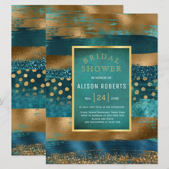 Gold and teal brush strokes wedding bridal shower invitation (Front/Back)