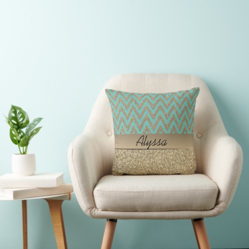 Gold and teal chevron glittery throw pillow