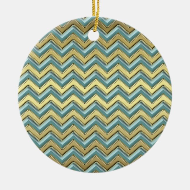 Gold and Teal Chevron Pattern Ceramic Ornament (Front)
