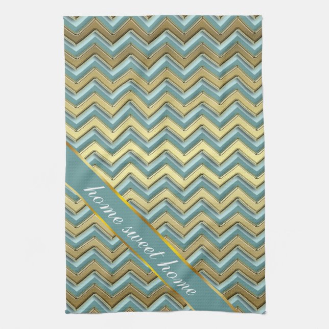 Gold and Teal Chevron Pattern Kitchen Towel (Vertical)