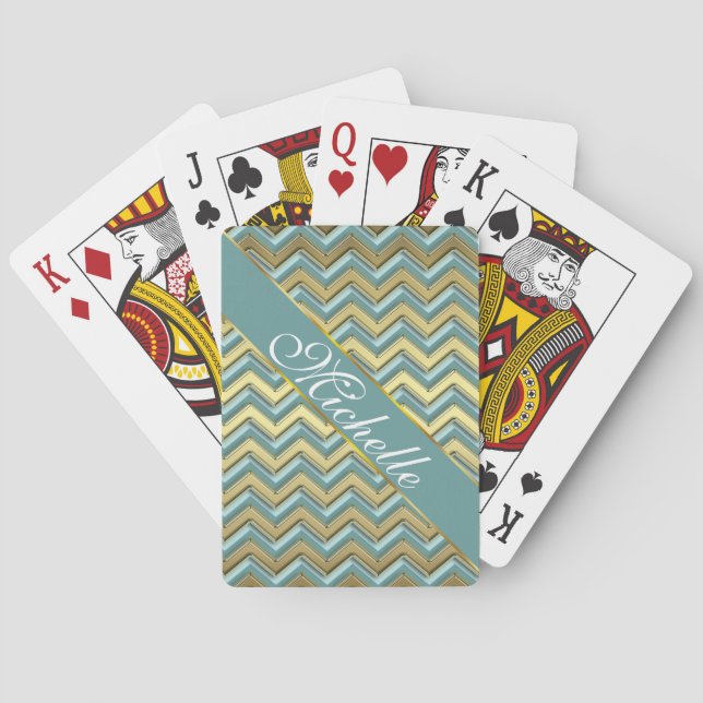 Gold and Teal Chevron Pattern Poker Cards (Back)