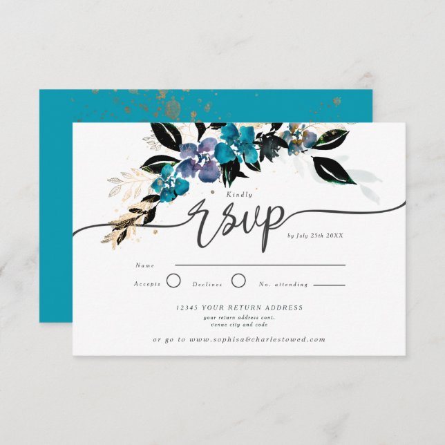 Gold and teal, dramatic floral invitation (Front/Back)