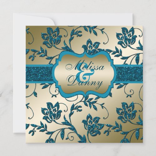 Gold and Teal FAUX Glitter Floral Engagement Party Personalized Invitations