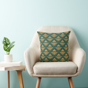 Gold and teal green Art Deco design with rhombuses Throw Pillow