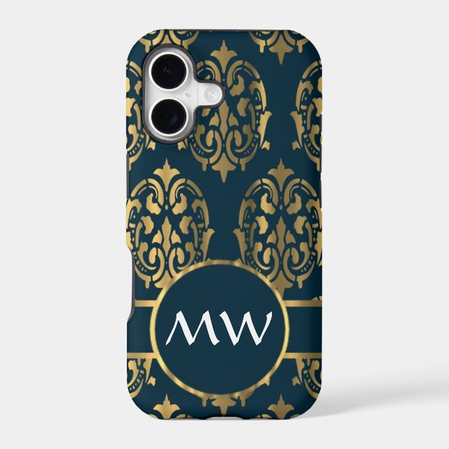 Gold and teal green damask pattern iphone case (Back)