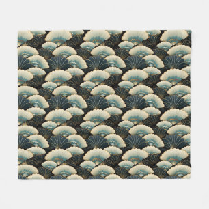 Gold and Teal Japanese-inspire Fan Patterned Fleece Blanket