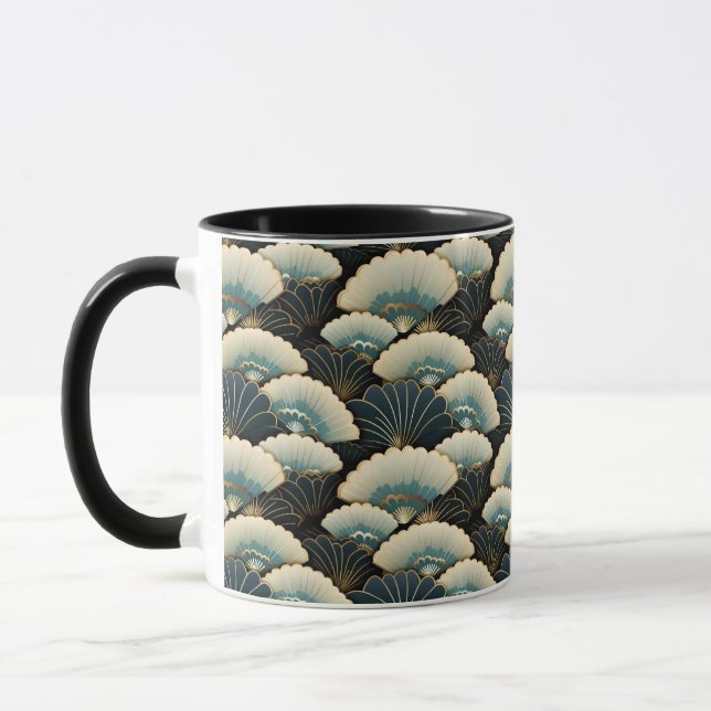 Gold and Teal Japanese-inspire Fan Patterned Mug (Left)