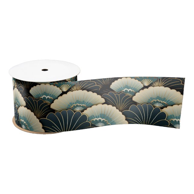 Gold and Teal Japanese-inspire Fan Patterned Satin Ribbon (Spool)