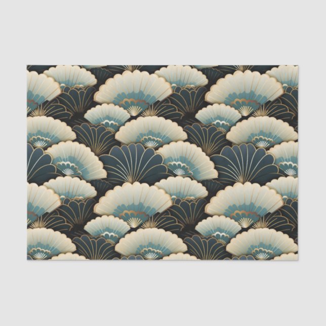 Gold and Teal Japanese-inspire Fan Patterned Tissue Paper (Front)