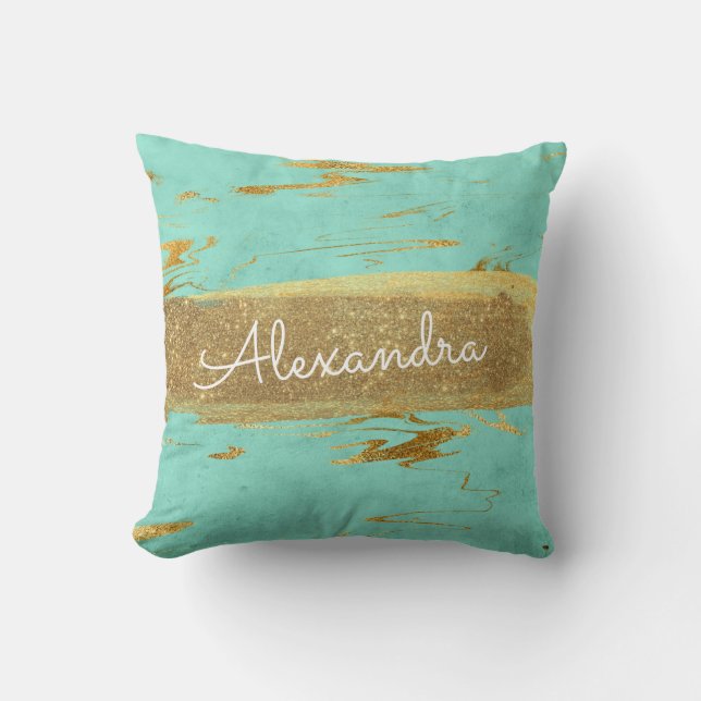 Gold and Teal Marble with Gold Foil and Glitter Throw Pillow (Front)