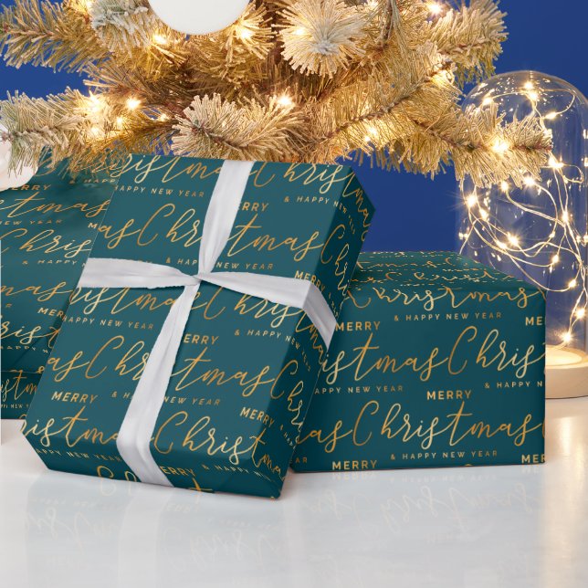 Gold and Teal Merry Christmas Word Art Wrapping Paper (Holidays)