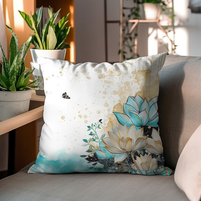 Gold And Teal Mid-Century Watercolor Flowers  Throw Pillow (Creator Uploaded)
