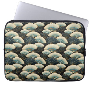 Gold and Teal Patterned Japanese-inspire Fan Motif Laptop Sleeve