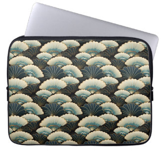 Gold and Teal Patterned Japanese-inspire Fan Motif Laptop Sleeve