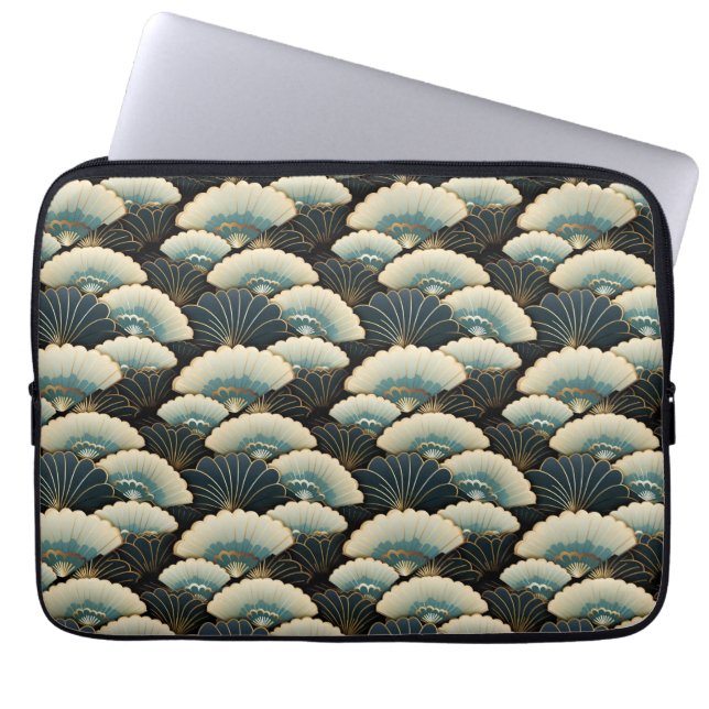 Gold and Teal Patterned Japanese-inspire Fan Motif Laptop Sleeve (Front)