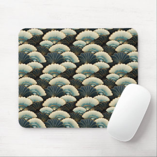 Gold and Teal Patterned Japanese-inspire Fan Motif Mouse Pad