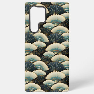 Gold and Teal Patterned Japanese-inspire Fan Motif Samsung Galaxy S22 Ultra Case