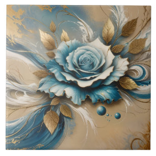 Gold and Teal Rose Ceramic Tile