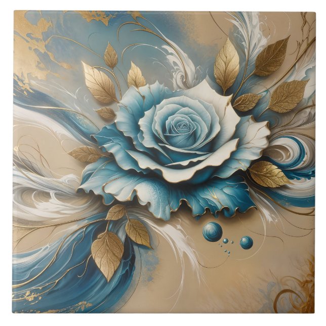 Gold and Teal Rose Ceramic Tile (Front)