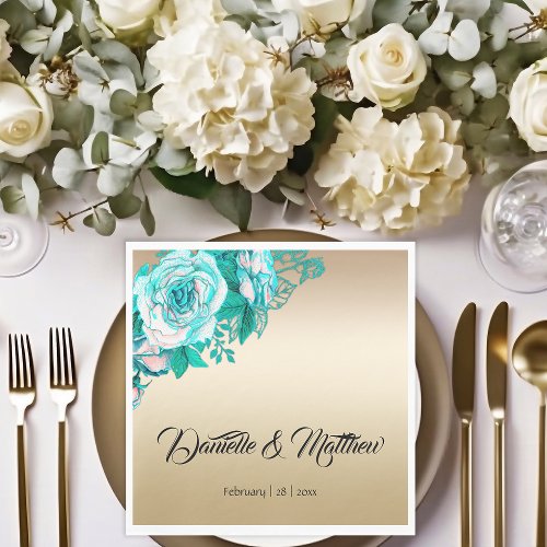 Gold and Teal Roses Wedding Napkins