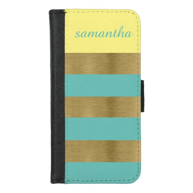 Gold and Teal Stripes Personalize iPhone Wallet Case (Front)