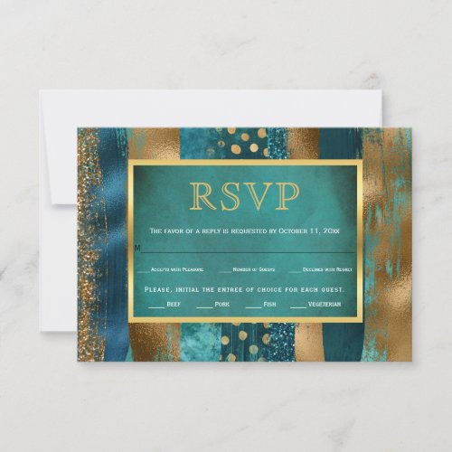 Gold and teal strokes confetti wedding RSVP card
