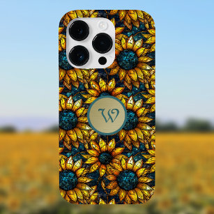 Gold and Teal Sunflower Stained Glass Monogram Case-Mate iPhone 14 Pro Case