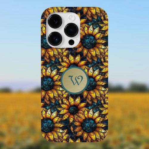 Gold and Teal Sunflower Stained Glass Monogram Case_Mate iPhone 14 Pro Case