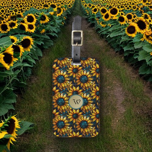 Gold and Teal Sunflower Stained Glass Monogram Luggage Tag