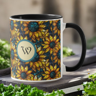 Gold and Teal Sunflower Stained Glass Monogram