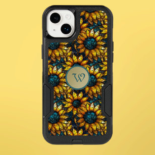 Gold and Teal Sunflower Stained Glass Monogram OtterBox iPhone 14 Plus Case