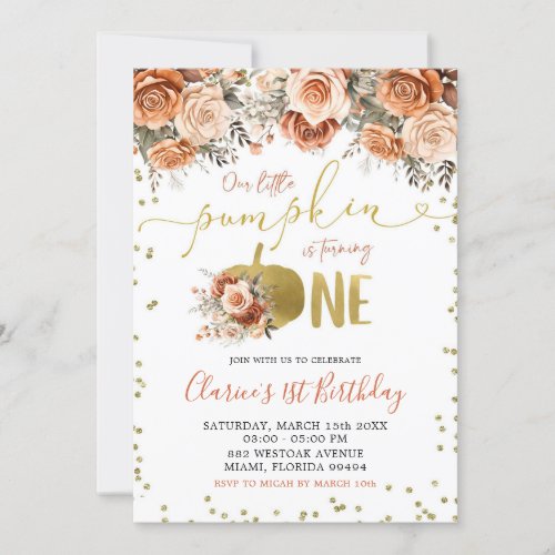 Gold and Terracotta Floral Pumpkin First Birthday Invitation