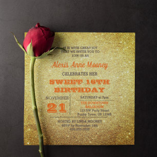 Gold and Topaz Orange Glitter Sweet 16 Invitation