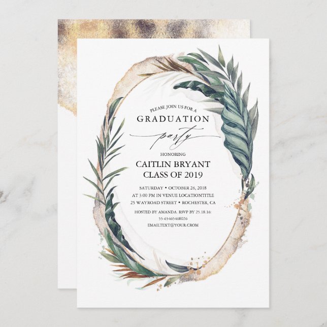 Gold and Tropical Beach Palm Leaves Graduation Invitation (Front/Back)
