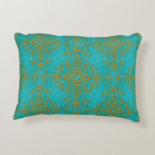 Gold and Turquoise Damask Style Pattern Decorative Pillow