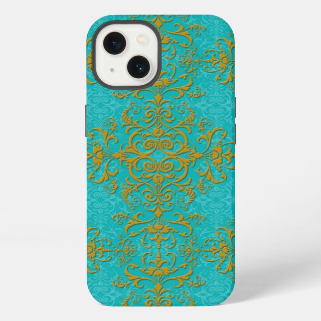 Gold and Turquoise Damask Style Pattern Iphone Case (Back)